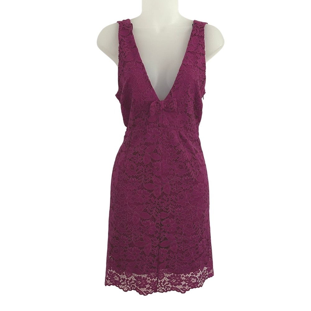 Zara Womens Magenta Pink Lace Low V-Neck A-Line Sleeveless Mini Dress Small New
